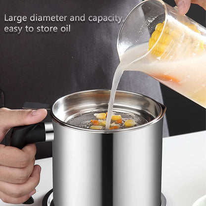 Stainless Steel Oil Strainer Pot With Lid And Filter Mesh (1 Set)